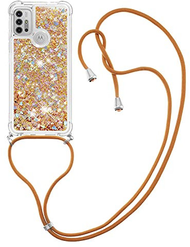 IMIRST Handykette Kompatibel mit Moto G30, Glitzer Flüssig Bewegende Treibsand Handyhülle mit Necklace mask Lanyard Schutzhülle für Motorola Moto G10 / Moto G30. LP Love Gold