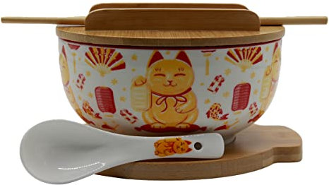 XWORLD Japanisches Keramik-Ramen-Nudelschalen-Set mit Keramiklöffel, Bambus-Essstäbchen, Deckel und Untersetzer, mikrowellengeeignet, ofenfest (8.4x16.8 cm T) (Glückskatze)