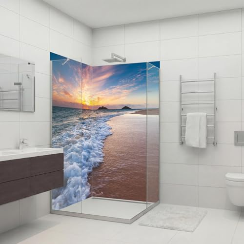 Dedeco 2x Premium Bad Duschrückwand mit Motiv: Strand V5, 90x210 cm mit UV-Lack glänzend, wasserfest, hochwertig fugenlose Wandverkleidung aus 3mm-Alu-Verbundplatte, Fliesenersatz ohne Bohren