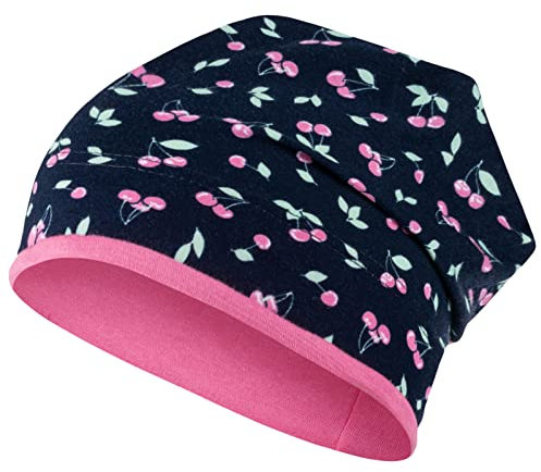 Mädchen Mütze Beanie Übergangsmütze Erdbeeren Blumen Frühling Herbst, Größe: 50/52, Farbe: Dunkelblau-Rosa
