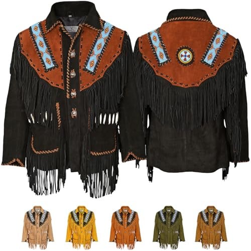German Wear Westernjacke Herren aus Echtem Rindsleder Cowboyjacke mit Fransen Perlenstickerei Knopfverschluss Polyesterfutter Traditionelles Western Design