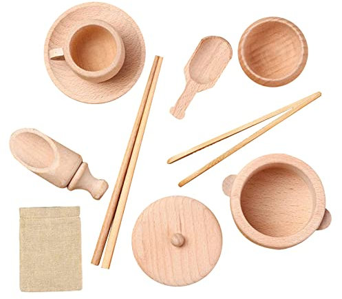 Juego de 8 herramientas de bandeja sensorial de madera juguetes cocina de madera utensilios de cocina juguetes platos cucharas pinzas juguete motricidad fina Montessori para niños pequeños
