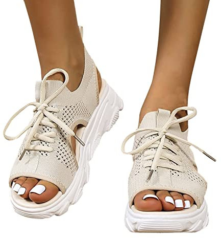Sommer Damen Sandalen Mesh Casual Weiß Dicke Sohlen Schnürsandalen Offene Zehen Strandschuhe Monk Schuhe Damen