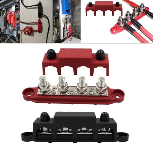 AULESSE 12V-48V DC Bus Bar Power Distribution Block 5/16 (M8) 4 Studs Heavy Duty Busbar Stud Terminal Junction Block with Cover and Ring Terminals 250 Amp for Cars RVs Ships Yachts (Red+Black)