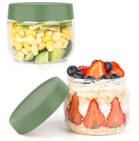 Petits bocaux en verre borosilicate avec couvercles, 300 ml, lot de 2, bocaux en verre pour petit-déjeuner, passe au micro-ondes, bocaux Mason à large ouverture pour l'avoine, le yaourt (vert)