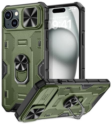 Doeshine für iPhone 15 Hülle mit Ständer & Kameraschutz, Robuste Stoßfeste Schutzhülle mit 360 Grad Magnetisch Ring Stand, Military Shockproof Cover für iPhone 15 5G 2023 (Grün)