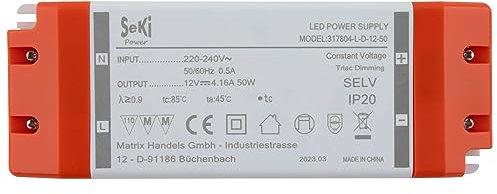 SeKi 12V DC 50W 4,16A Konstantspannungs LED Treiber TRIAC Dimmbar, Transformator, Schaltnetzteil; keine Mindestlast, kein Rauschen/LED-Flimmern, MM Zulassung