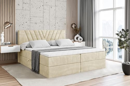 ALTDECOR Boxspringbett mit Matratze und Lattenrost, Boxbett, Topper, Polsterbett mit Bettkasten, Bett mit Stauraum H3-Matratze, Doppelbett, Springboxbett - ERNINA - 160x200 - Beige Monolith 04