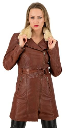 URBAN 5884 Giacca Lunga in Pelle da Donna, MILOU, Cappotto in Vera Pelle di Agnello, Giubbotto Invernale Aderente e Morbido al Tatto, Marrone, M