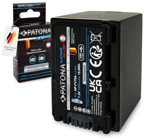 PATONA Platinum NP-FV70A Batterie 2060mAh USB-C Input Compatible avec Sony Alpha A230 A290 A330 A380 DCR-DVD92 DVD103 DCR-HC16 HC17 HC18 DCR-SR5 SR7 HDR-CX6 CX7 HDR-SR5 NPFV70A FV70A FV-70A