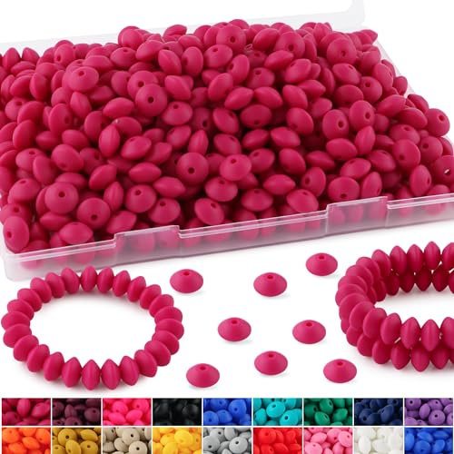 HHCFAST 270Pcs Lentil Silicone Beads, 12mm Silicone Lentil Beads for Pens, Silicone Spacer Beads and Abacus Silicone Beads for Keychain Making(Magenta)