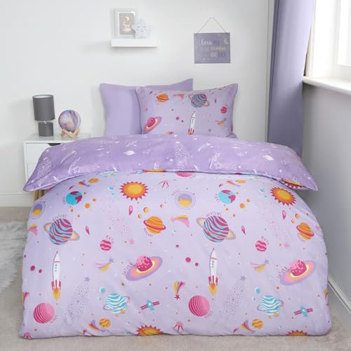 OHS Space Cot Bed Bedding, Toddler Bedding Boys Quilt Cover with Pillowcase Super Soft Comfy Boys Bedding Reversible Cot Bed Bedding Set for Kids, Lilac/Purple