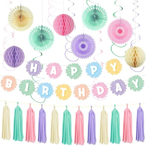 29pcs Birthday Party Decorations Pastel Birthday Decorations Set Happy Birthday Banner with Honeycomb Garland Decorations Paper Streamers, Honeycomb Balls, Tissue Paper Tassel for Teen Girls Boys