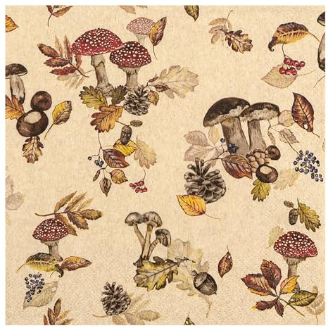 HOME FASHION Serviette Waldpilze Natur 33x33cm 20 Stk. Hochwertige Qualität Natürlicher Look Vielseitig einsetzbar Herbstliches Design Herbsttischdeko Pilzservietten Servietten für den Herbsttisch