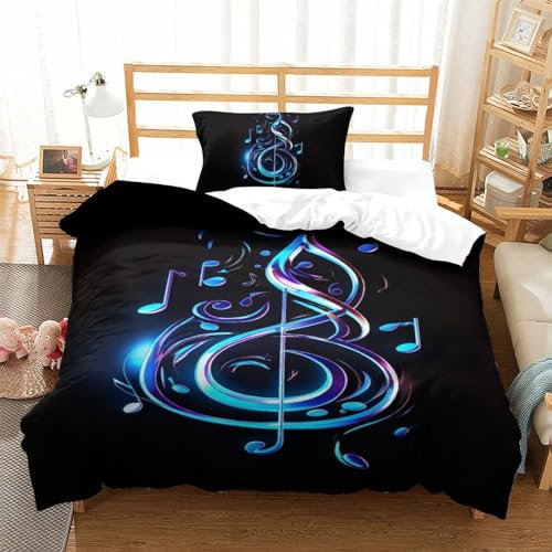 KOABERUVN Bettwäsche Bettdecken Set Weiche Angenehme Mikrofaser Kinder Erwachsene, Musiknotation 3D Druck Bettbezug Bettwäsche Set Single(135x200cm)