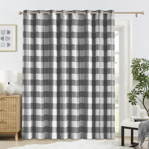 Melodieux Buffalo Karierte extra breite Vorhänge für Glasschiebetür, wärmeisolierte Raumteiler-Vorhänge für Wohnzimmer, Verdunkelung, Ösen, Terrassentür, Drapierung, Grau, 254 x 213 cm, 1 Paneel