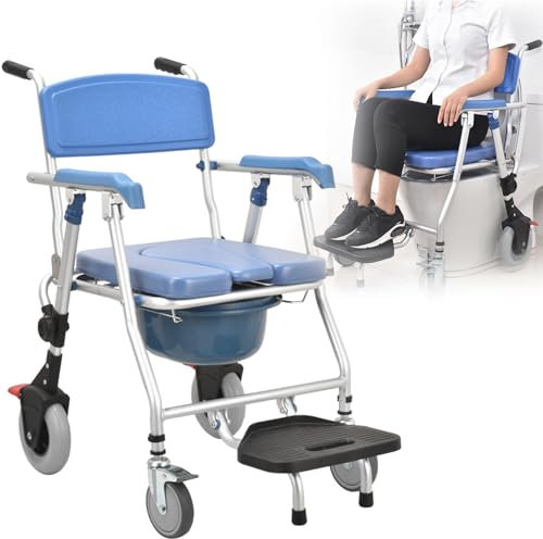 Duschstuhl Toilettenstuhl Für Senioren, Fahrbar Toilettenstuhl Mit Rollen Bis 150kg, Klappbar Duschrollstuhl Toilettenstühle Mit Armlehne Rückenlehne & Urineimer, Aluminium Toilettenrollstuhl WC Stuhl