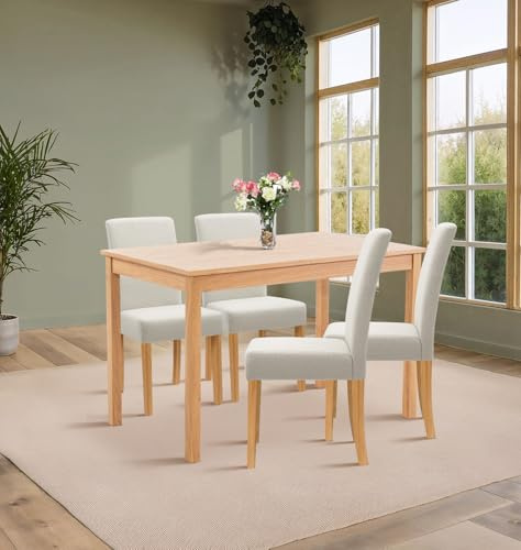 Hallowood Furniture Waverly Small Rectangular Dining Table and Chairs Set 4 | Solid Oak Wooden Rectangular Kitchen Table and Chairs in Straight Back and Beige Fabric Upholstery for Home and Café,120x70cm