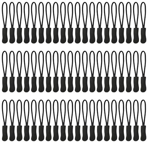 LUFFLOK 60 Pièces Tirettes de Fermeture Éclair, Remplacement Tirette Zip Noire, Étiquettes de Fermeture Éclair, Tirettes de Cordons Non-Glissantes pour Sacs à Dos, Tentes, Vestes, Bagages (Noir)