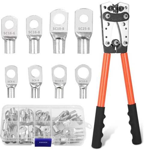 Grande pince à sertir pour câbles de 6/10/16/25/35/50 mm² et 10-1/0 AWG avec 60 embouts à œillets en cuivre, idéal pour les installations solaires automobiles et les applications domestiques, orange