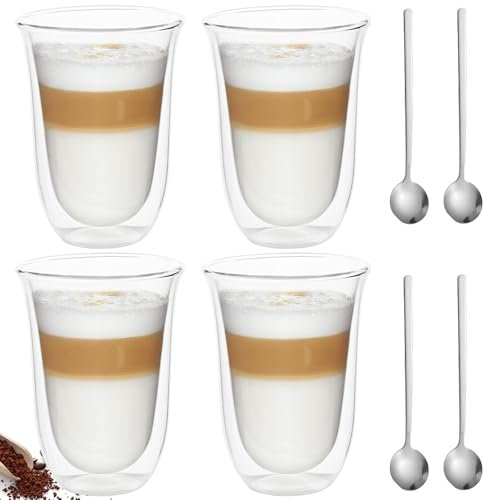 GOMETY 4 Stück Doppelwandige Kaffeegläser, 300ML Latte Machiatto Gläser mit 4 Edelstahl Kaffeelöffel, Cappuccino Gläser, Thermogläser aus Borosilikatglas, Teegläser für Kalte und Warme Getränke