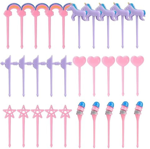 OAOSDH 30 Piezas De Bifurcación De Fruta De Plástico, Lindo Letrero De Dibujos Animados, Palillos De Dientes De Comida Reutilizables, Accesorios De Decoración De Postres De Cajas Bento para Niños.