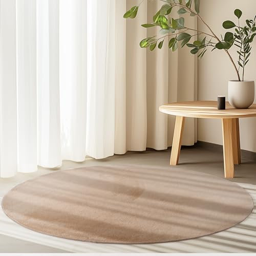 HomebyHome Kurzflor Teppich Wohnzimmer 200 cm Rund Beige - Runder Teppich Weich, Waschbar, rutschfest, modern einfarbig Design - für Schlafzimmer, Küche, Esszimmer
