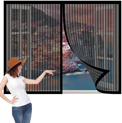Fliegengitter Fenster Magnet 50 x 69 cm Insektenschutz Fensternetz Ohne Bohren mit Selbstklebendes Klettband für Insektenschutz Fenstergitter, Schwarz