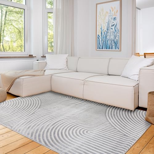 Astra Moderner Teppich Wohnzimmer, Schlafzimmer - Weiches Flachgewebe für Innen - Flauschiger Kurzflorteppich - Teppich Kringel Silber, 133 x 190 cm