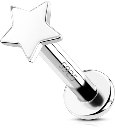 OUFER Body Piercing 925 Sterling Silver Helix Labret Earrings Studs 16G Flat Back Threadless Cartilage Star Lip Rings Ear Piercing Jewelry for Women Men