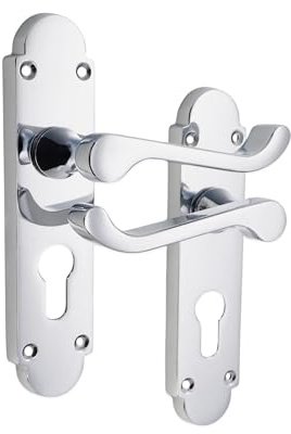 Infinity Decor Pair of Traditional Polished Chrome Victorian Scroll Lever on Half Round Backplate Euro Lock Door Handles Set - Ideal for Internal & Exterior Doors