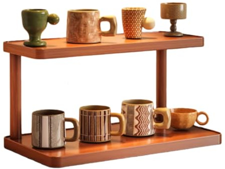 Homeily 2-Tier Wooden Mug Shelf, Rustic Coffee Station Countertop Organiser