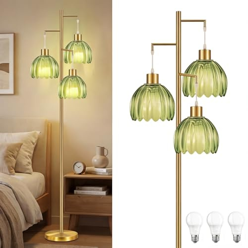 Gold Floor Lamps for Living Room, 3 Light Modern Green Glass Floor Lamp with Three Led Bulb, Vintage Tall Lamps Gold Tree Standing Lamp for Living Room Bedroom Study Room Dining Room Office Corner