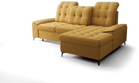 O-Sofa Ecksofa Kongo RBN18, Eckcouch in L-Form mit Schlaffunktion, Farbe: Gelb, Velourstoff, Ottomane Rechts