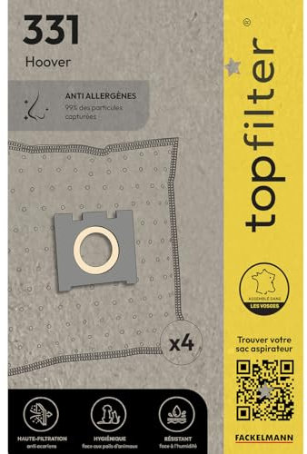 TopFilter 64331 Lot de 4 sacs aspirateur Hoover, sac aspirateur, poche aspirateur, accessoire aspirateur, Non tissé polypropylène, Carton, Caoutchouc, 30 x 26 cm