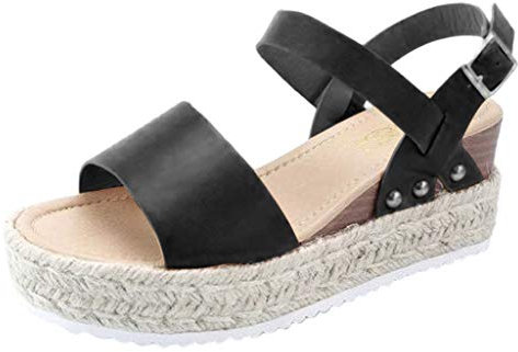OverDose Sandales Espadrilles Compensées Femme Été en Cuir à Talon Plateforme Chunky Nu Pieds Bride Cheville Confort Chaussures 2019