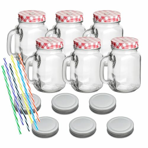 gouveo Lot de 6 verres à boire 450 ml avec couvercle rouge et argenté - Verre avec anse et paille réutilisable - Verre à cocktail avec couvercle - Verre à cocktail pour le jardin (TGH450SR)