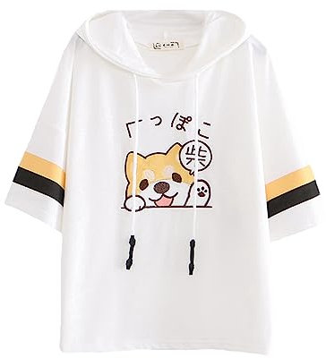 Women’s Kawaii T-Shirts Cute Puppy Embroidered Jumper Hooded Pullover Top Tees Short Sleeve T-Shirt Blouse (White)