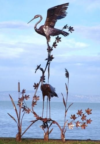 Casa Padrino Gartendeko Stahl Skulptur Reiher Vogel Paar Rostfarben 125 x 101 x H. 270 cm - Elegante Gartendeko Figur - Wetterbeständige Gartenfigur