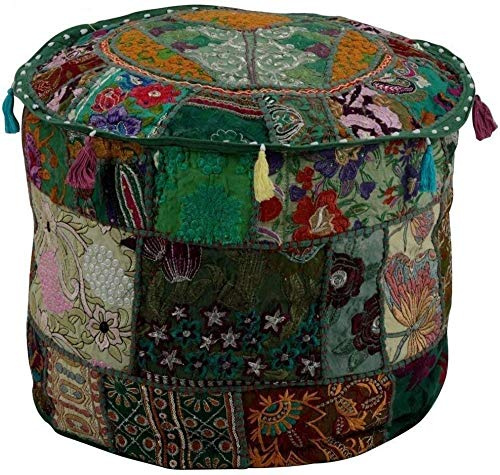 Indische bestickte Patchwork-Abdeckung Indische dekorative Hocker Indische bequeme Boden Baumwolle Kissen Osmanische Hocker, indische Designs Ethnische Patchwork Hocker (Dunkelgrün, 18 x 13)