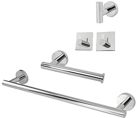 TocTen Set di 5 pezzi di accessori da bagno in acciaio inox SUS304, porta asciugamani, include barra per asciugamani allungata, porta carta igienica, 3 ganci per accappatoio, accessori da bagno (cromo