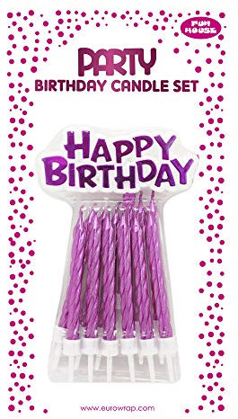 Eurowrap 26568-PC - Un Lot De 12 Bougies D'Anniversaire + 12 Porte-Bougies + Un support Happy Birthday- Couleur : Rose - Bougies D'anniversaire, Anniversaire, Happy Birthday