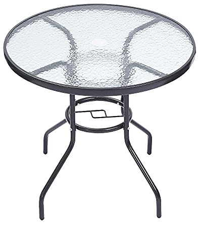 Panana 80cm Round Garden Dining Table with Parasol Hole, Outdoor Coffee Table with Tempered Glass Tabletop, Metal Frame for Backyard, Patio, Balcony