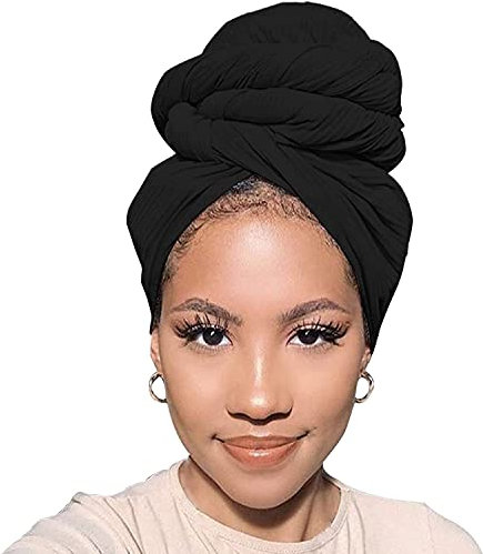 XTREND Turban für Damen, dehnbarer Jersey-Turban, afrikanischer Schal für langes Haar, ultraweich und atmungsaktiv, einfarbig, großes Stirnband (schwarz)