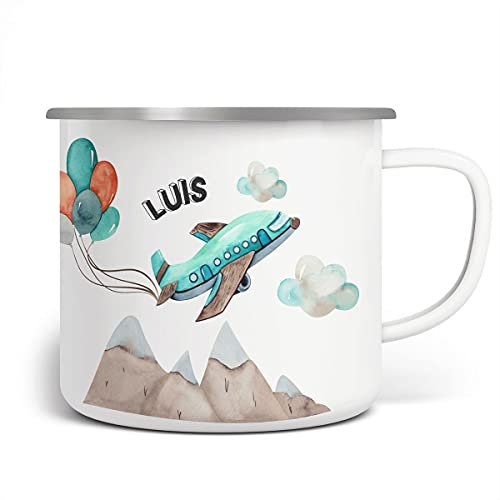 miKalino Emaille Tasse Jungs - Trinkbecher Kinder personalisiert - Emaille Becher mit Flugzeug-Motiv - Kindertasse mit Namen - Kindertasse bedruckt - Emaille Becher Weiß