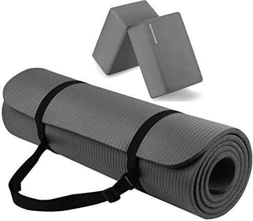 BalanceFrom GoYoga Allzweck-Yogamatte, 1,27 cm, extra dick, hohe Dichte, reißfest, mit Tragegurt und Yoga-Blöcken