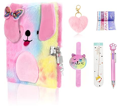 homicozy Diario Segreto Bambina, taccuino con chiave e lucchetto per bambine, taccuino privato con borsetta, penna multicolore, nastro adesivo decorativo, segnalibro, portachiavi peloso per ragazze