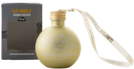 Goldene Glas-Christbaumkugeln mit Alte Marille Schnaps – 4er Set (4 x 0,04 l) – Mit Anhänger & Schraubdeckel – Schnaps-Weihnachtskugel als Geschenk Alkohol