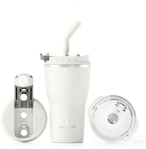 Ideus Tumbler with Lid and Straw | 14 oz Travel Tumbler | Double Wall Stainless Steel Insulated Coffee Tumbler | Perfect for Hot or Iced Coffee | Gifts for Girls Women Men | Cream White