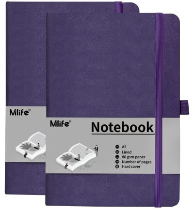 Mlife 2 Pack A5 Journal Notizbuch, 192 Seiten, Hardcover mit elastischem Verschlussband und Falttasche 2 pack (Lila)